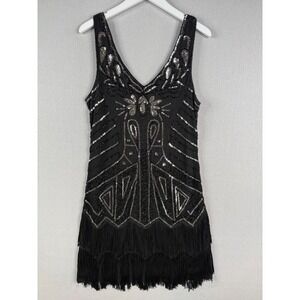 Babeyond Flapper Dress Women XL Black Silver Sequin Beaded Fringe Art Deco 1920s